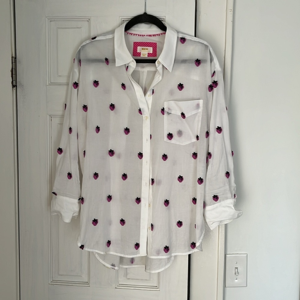 Maeve Anthropologie Sheer Strawberry Embroidered Cotton Button Down Size M